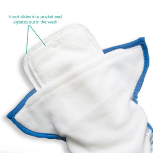 -Image of Thirsties One Size Pocket Diaper graphic with arrows pointing indicating: Insert slides into pocket and agitates out in the wash.