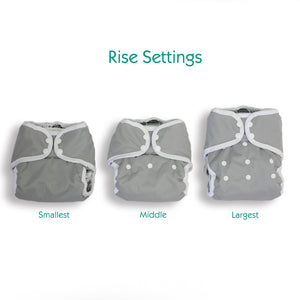 -Image of Thirsties One Size Pocket Diaper with snap closure.  Image shows diaper on smallest, middle, and largest rise settings.