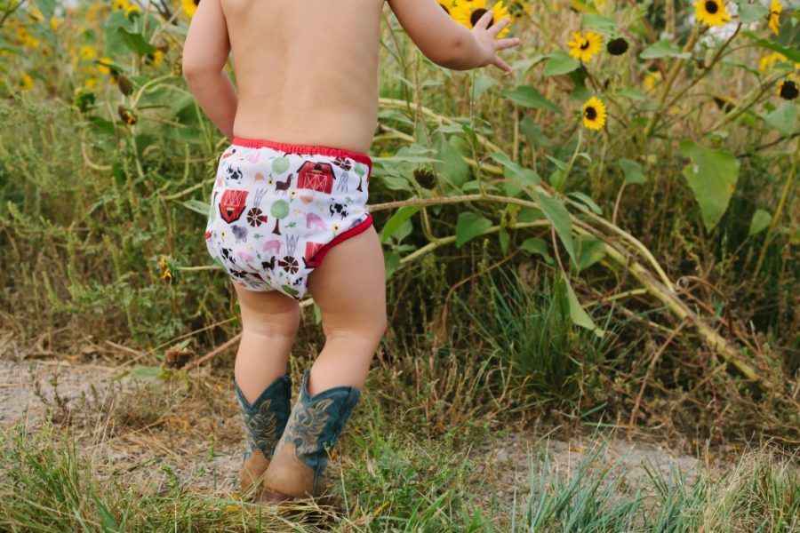 image of child in diaper with farm print