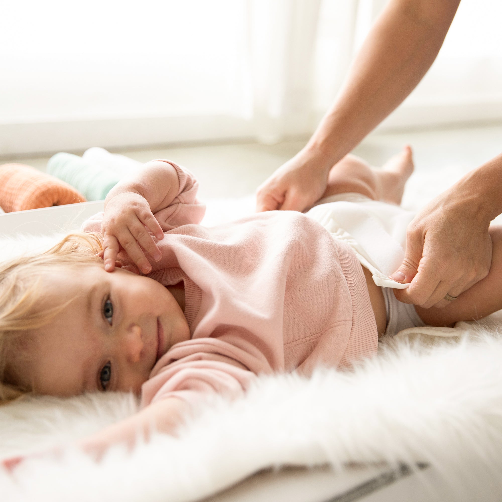 -Image of a baby cloth diaper change with a Thirsties Diaper Cover in Birch 