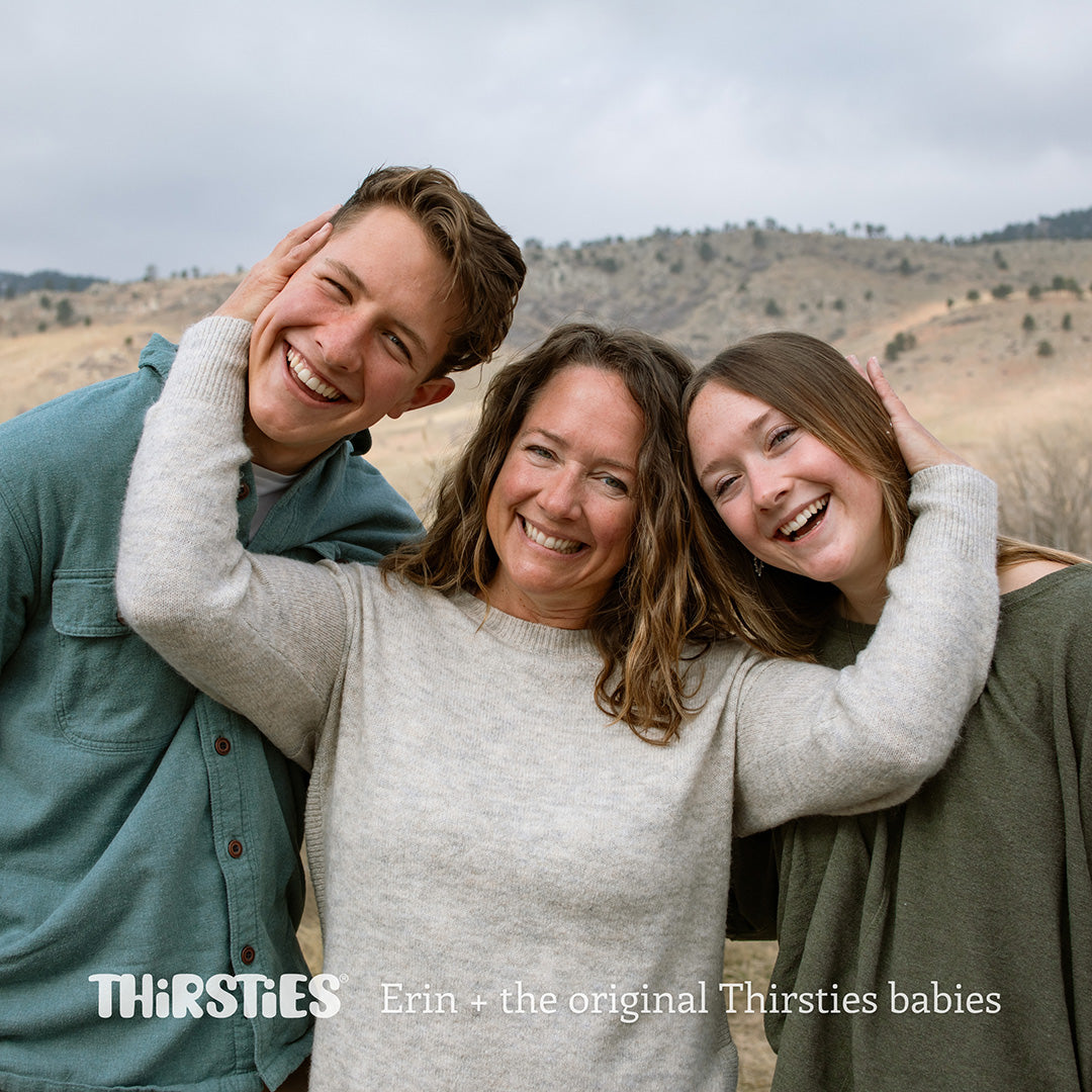 Thirsties Owner Erin and her two kids:  the original Thirsties Babies.