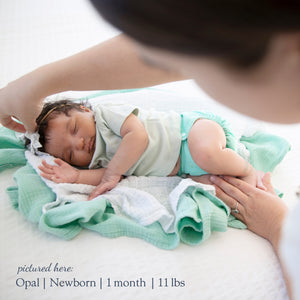 -Image of infant wearing a Thirsties Newborn All in One in Opal