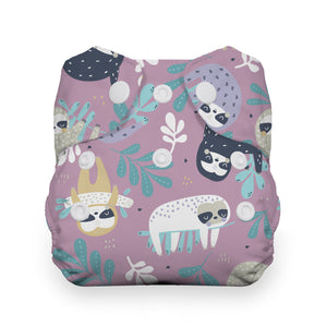 -image of thirsties newborn all in one with snaps in sloth life print