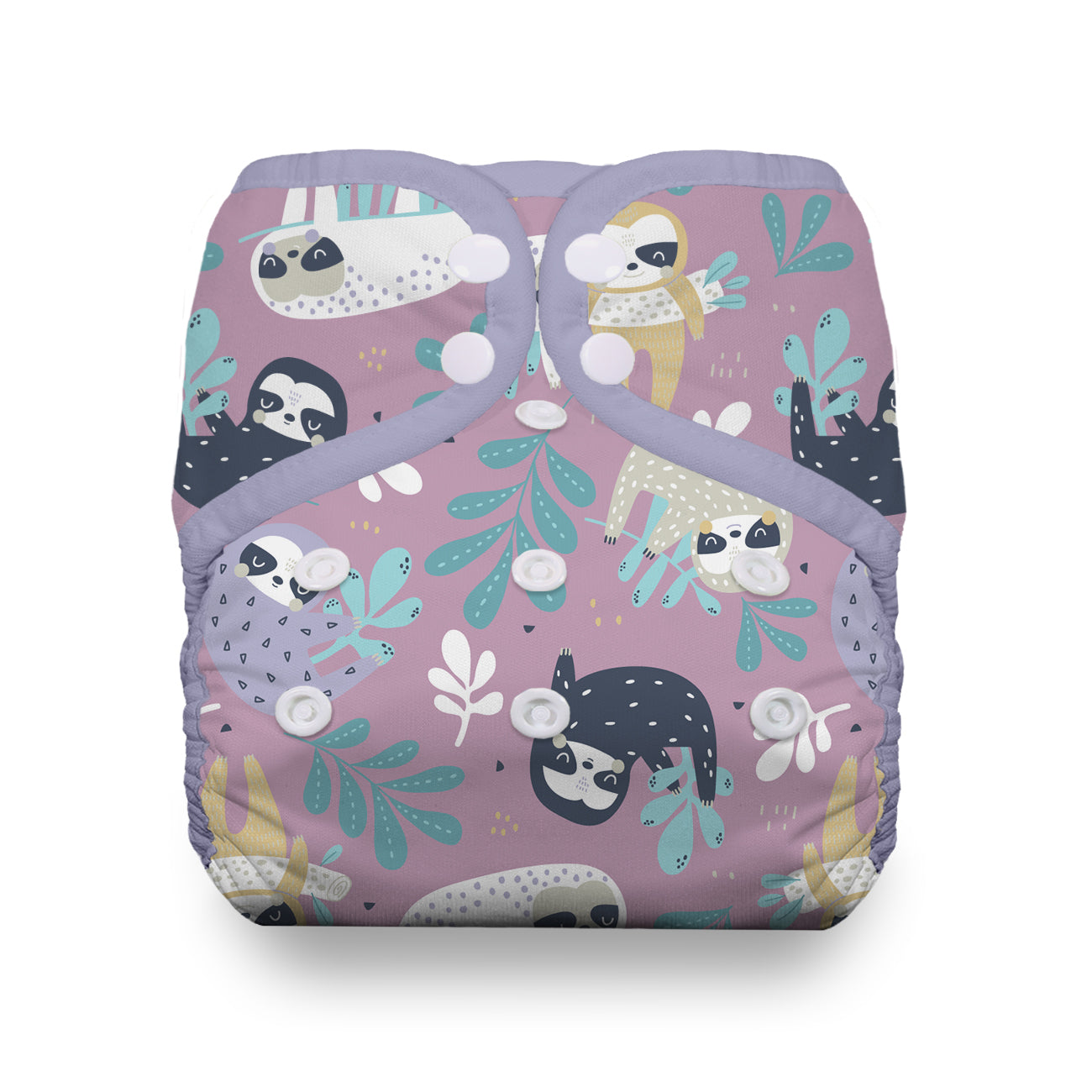 image of thirsties pocket diaper with snaps in sloth life print