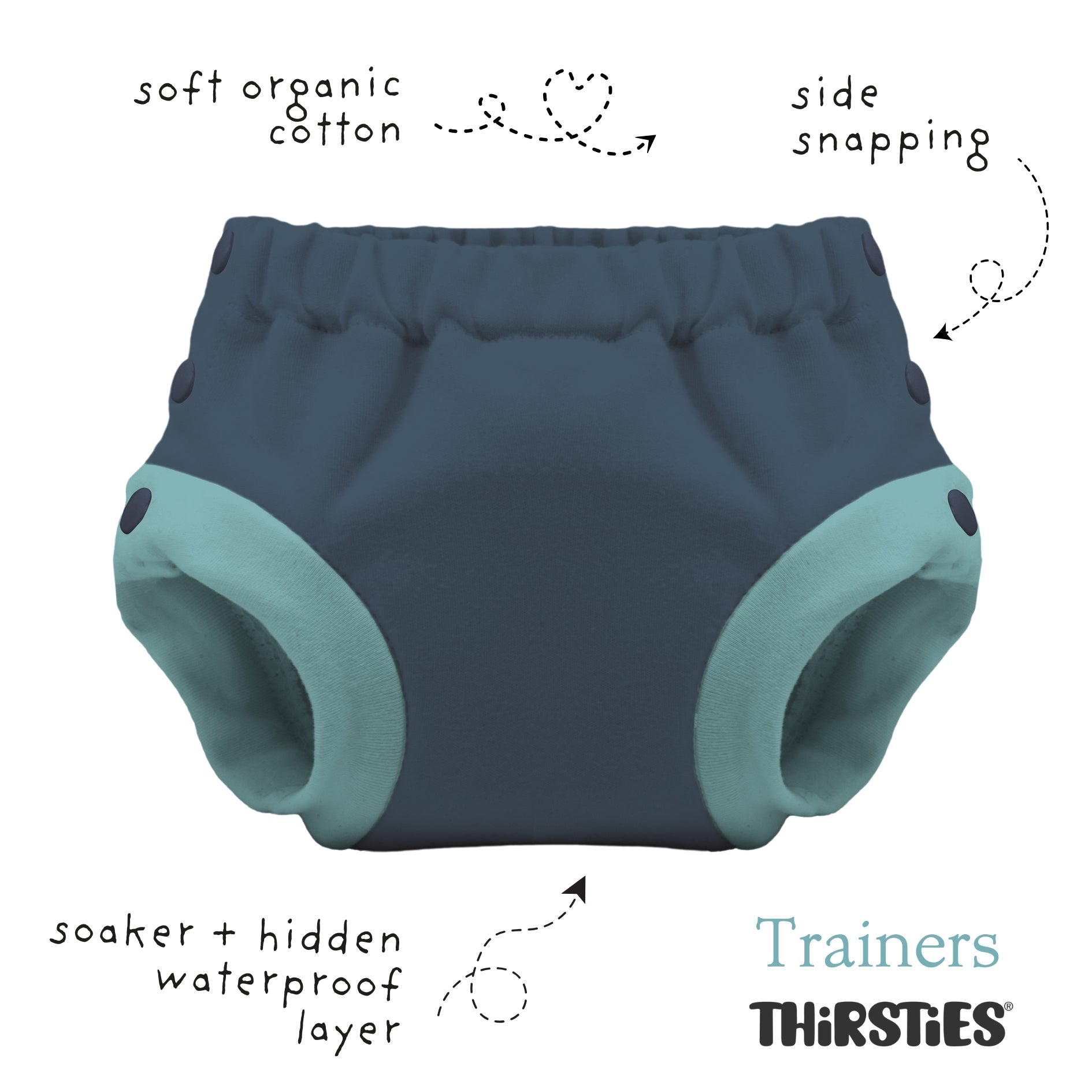 -Image of Thirsties Baby Organic Cotton Trainer with hidden waterproof layer and side snaps