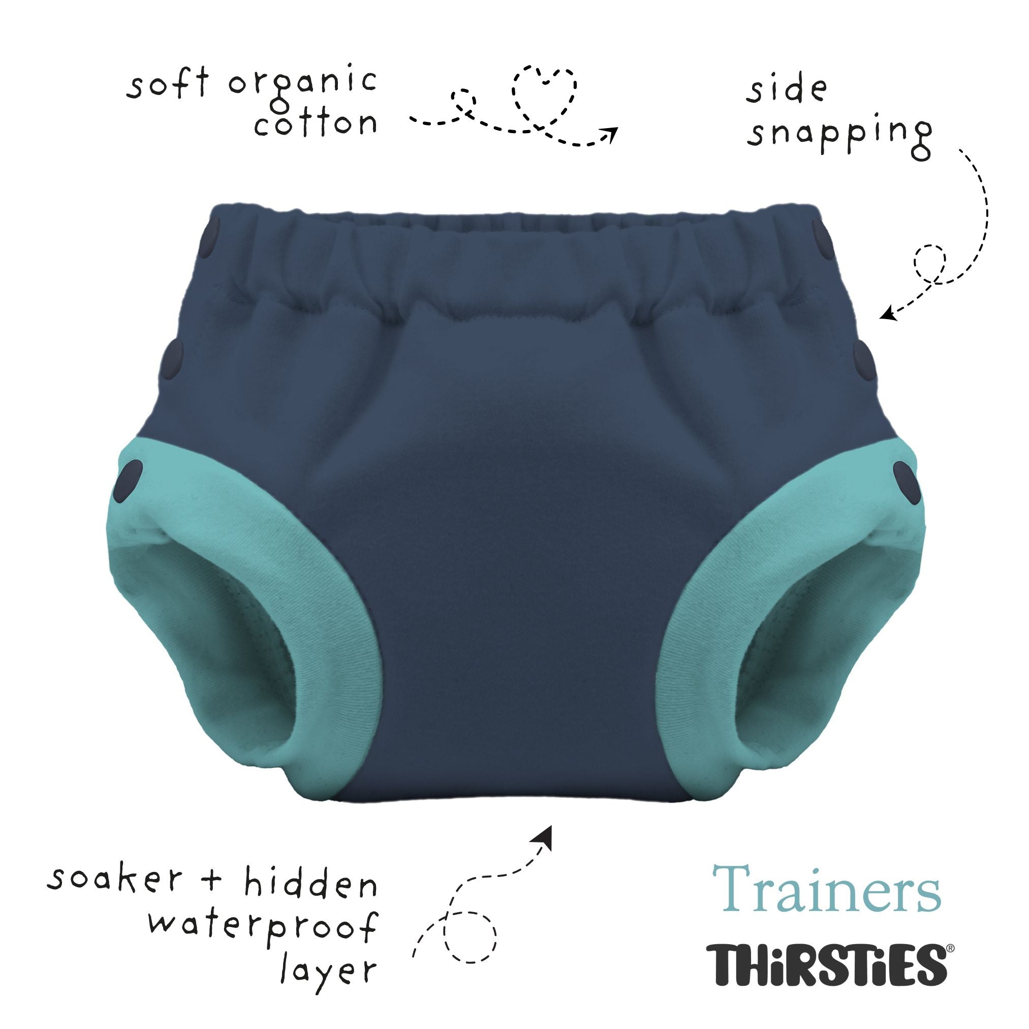 -Image of Thirsties resuable cloth Trainers made from organic cotton in with side snaps and hidden waterproof layer