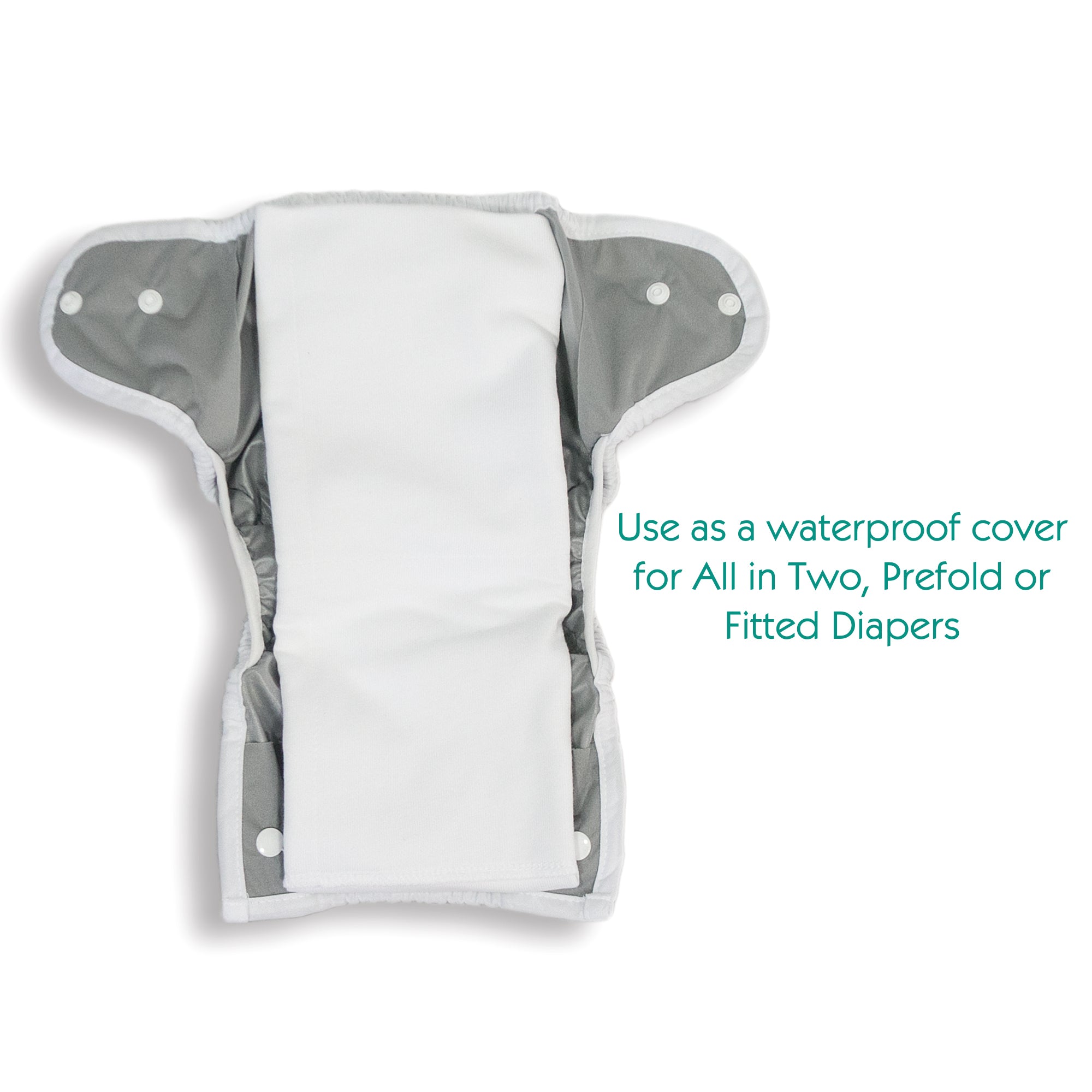 '-Image of Thirsties Diaper Cover open with a folded Thirsties Duo Help Prefold with text: Use as a waterproof cover for All in Two, Prefold or Fitted Diapers