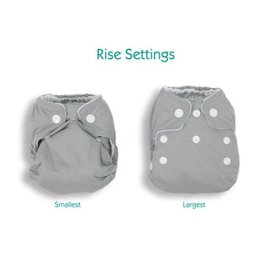 -Image of Thirsties Natural Newborn All in One with snap closure. Image shows diaper on smallest and largest rise settings.