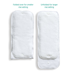 -Image of Thirsties One Size Pocket Diaper Insert graphic displaying folded over for smaller rise setting and unfolded for larger rise setting