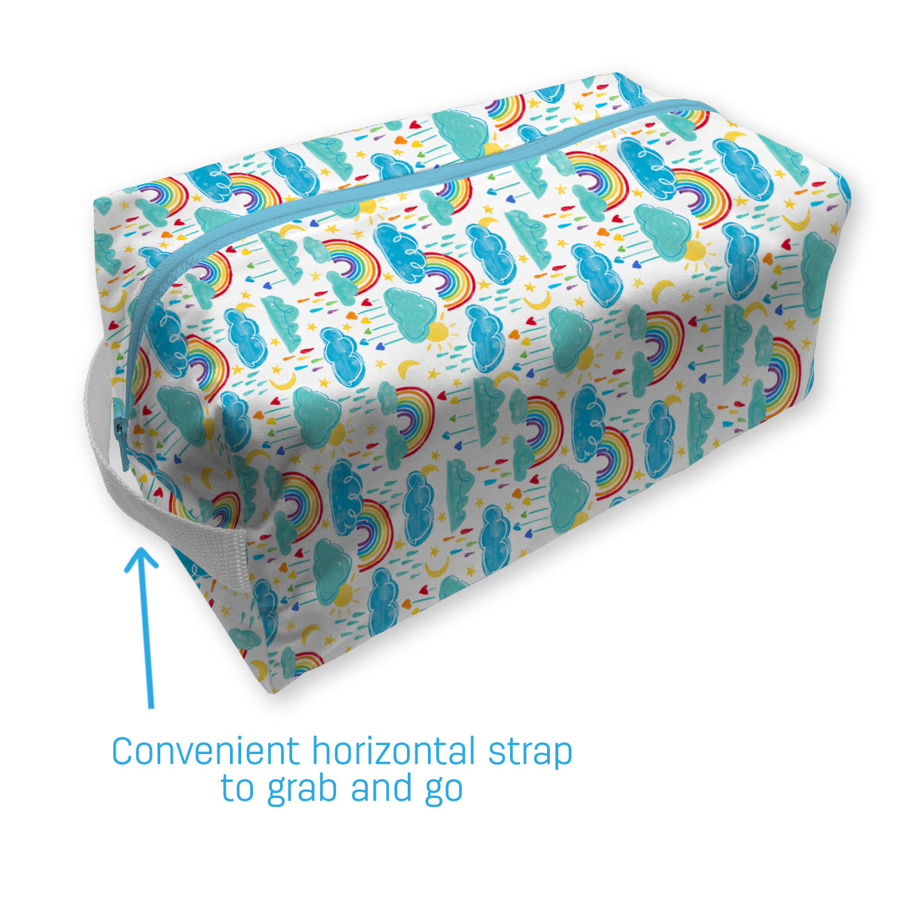 -Image of Thirsties Simple Pod graphic in Rainbow print showing convenient horizontal strap to grab and go