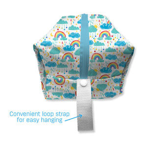 -Image of Thirsties Simple Pod graphic in Rainbow print showing convenient loop strap for easy hanging