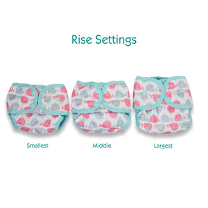 -Image of Thirsties Swim Diaper.  Image shows swim diaper on smallest, middle, and largest rise settings.