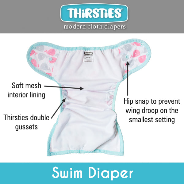 -image of Thirsties swim diaper open view showing soft mesh interior, double gussets, and hip snap to prevent wing droop on the smallest setting
