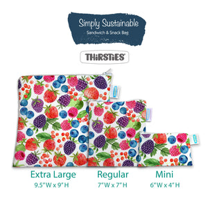 -simply sustainable banner with 3 sizes of food-safe bags, Extra Large, Regular & Mini