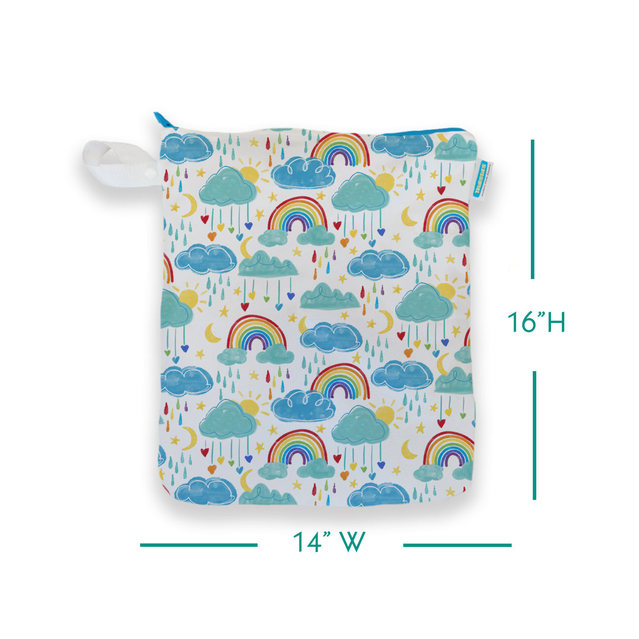 '-image of Thirsties Deluxe Wet Bag in Rainbow featuring measurements: 14"W x 16"H